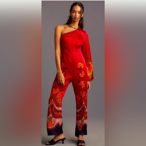 Nwt farm rio satin red floral jumpsuit M spring designer boho satin $300 evening - Picture 1 of 5